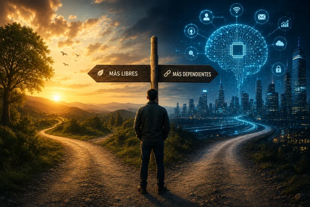 Inteligencia artificial y libertad representadas por una persona ante un cruce de caminos entre naturaleza y tecnología.