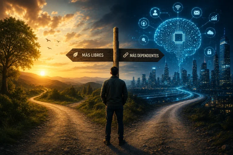 Inteligencia artificial y libertad representadas por una persona ante un cruce de caminos entre naturaleza y tecnología.