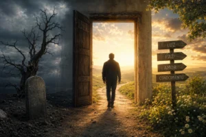 La cultura de la muerte: un hombre cruza una puerta hacia la luz y una nueva realidad