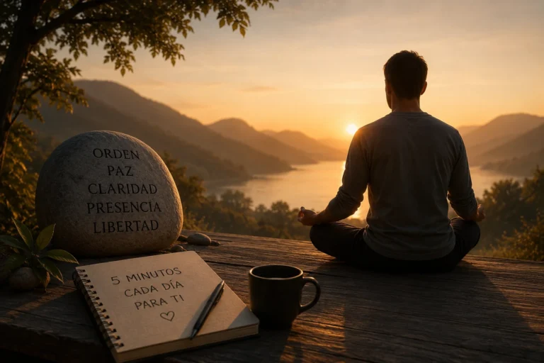 Hombre meditando frente a un paisaje tranquilo para ordenar la mente y encontrar paz interior.