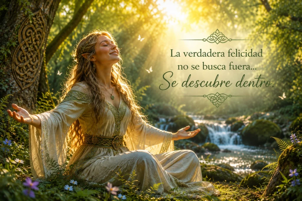 Ser feliz representado mediante una escena élfica de paz, naturaleza y felicidad interior