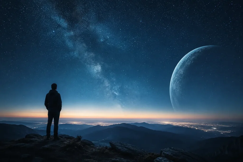 Vida extraterrestre representada por un ser alienígena frente al planeta Tierra